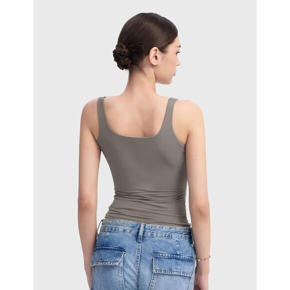 Alljoin Womens Gray Double Lined Square Neck Sleeveless Tank Top For Workout Gym - Picture 3 of 7